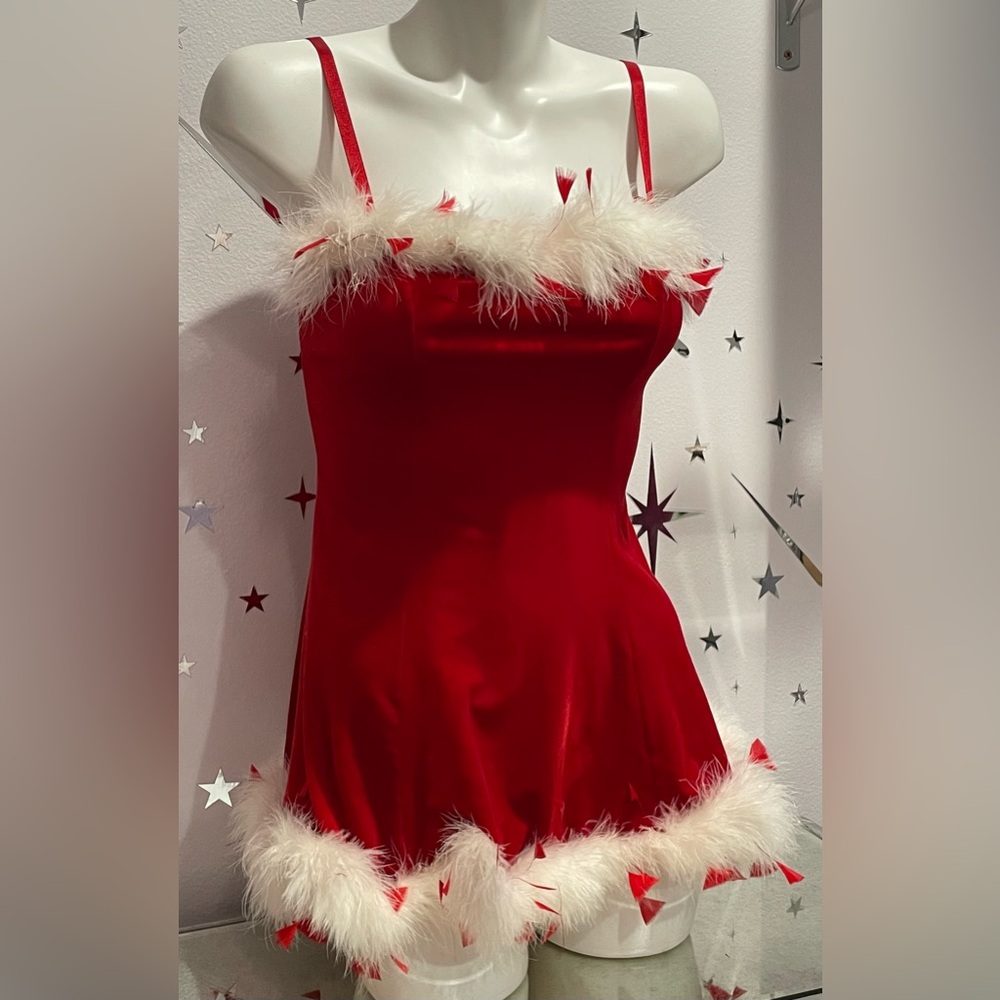 Vintage Frederick’s of Hollywood Festive Red Velvet Feather Slip Chemise Dress